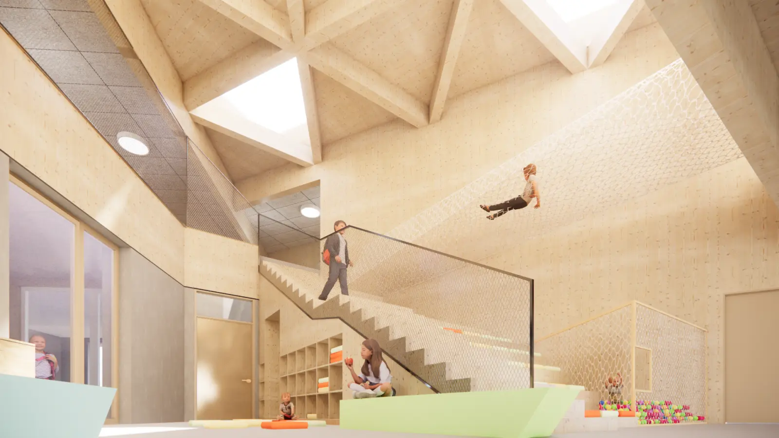 So soll es später im Inneren des Kinderzentrums aussehen: Viel Platz zum gemeinsamen Spielen in hellen, von Holz dominierten Räumen. (Foto: Architekturbüro HEF)