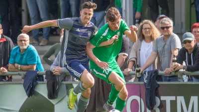 Verdrängungswettbewerb: Der Feuchtwanger Marco Wegert (links) und der Herrieder Fabian Schock wetteifern um den Ball. (Foto: Markus Zahn)