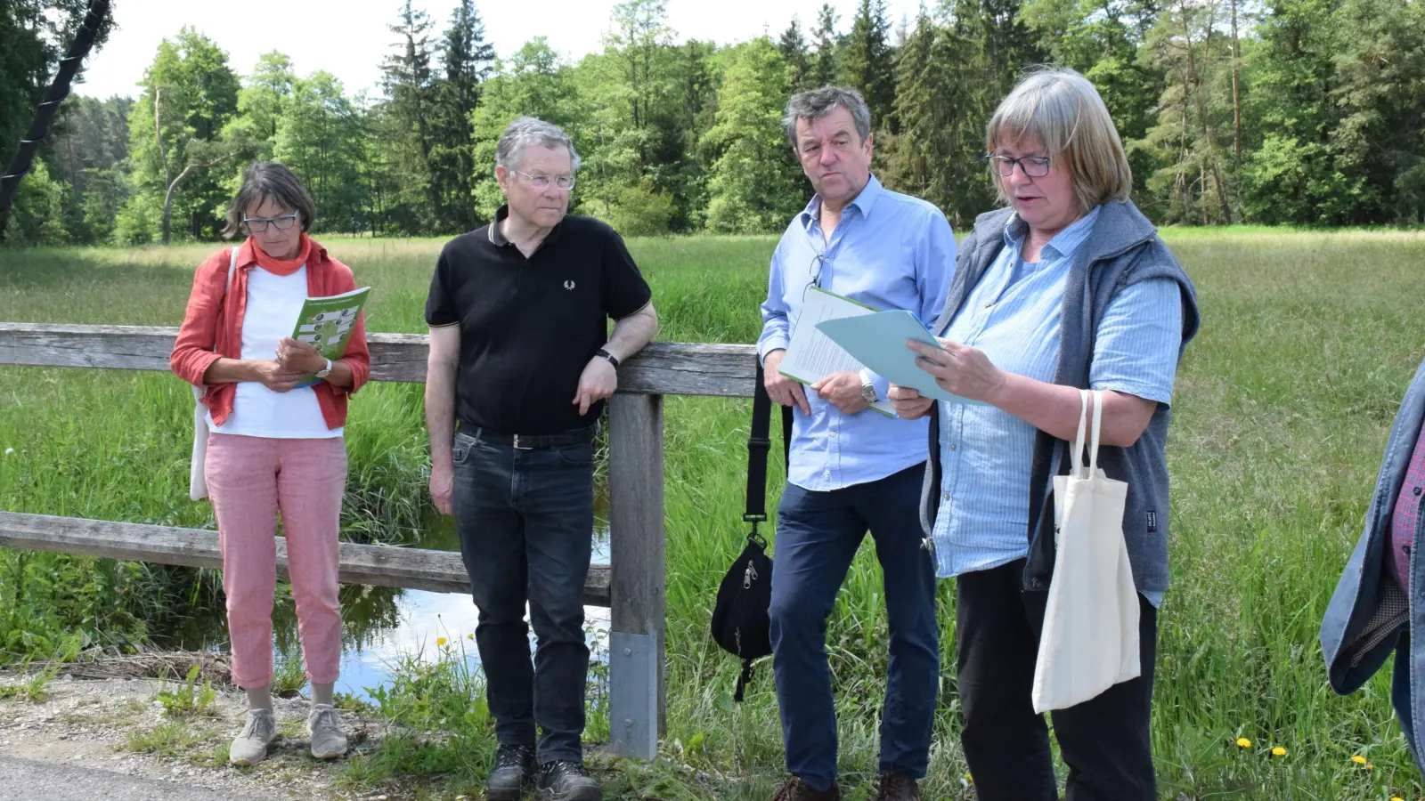 Beim Ortstermin des Bund Naturschutz im Naturschutzgebiet Ellenbach (v.l.): Maria Hetzel, Vorstandsmitglied der BN-Kreisgruppe Ansbach, Geohydrologe Dr. Otto Heimbucher, Regionalreferent Mittelfranken Tom Konopka und Renate Götzenberger, stellvertretende Sprecherin des Landesarbeitskreises Wasser. Aufgrund des Starkregens war der Bach in dieser Woche gut gefüllt. (Foto: Philipp Zimmermann)