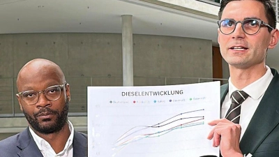 Die Chefs der Taskforce zu den Auswirkungen des Iran-Krieges, Armand Zorn (SPD, l.) und Sepp Müller (CDU), erläutern Maßnahmen zur Entlastung der Bürger, sollte der Krieg noch lange andauern.  (Foto: Jörg Ratzsch/dpa)