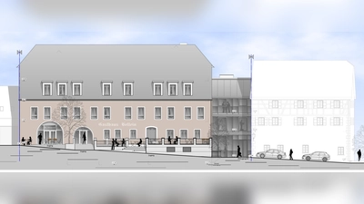 So soll der fertige Bau vom Marktplatz aus einmal aussehen: links der Gasthof, das helle Gebäude rechts ist das bestehende Rathaus und dazwischen gibt es einen Verbindungsbau, der die Verwaltung endlich barrierefrei erreichbar macht. (Grafik: Hochreiter und Lechner)