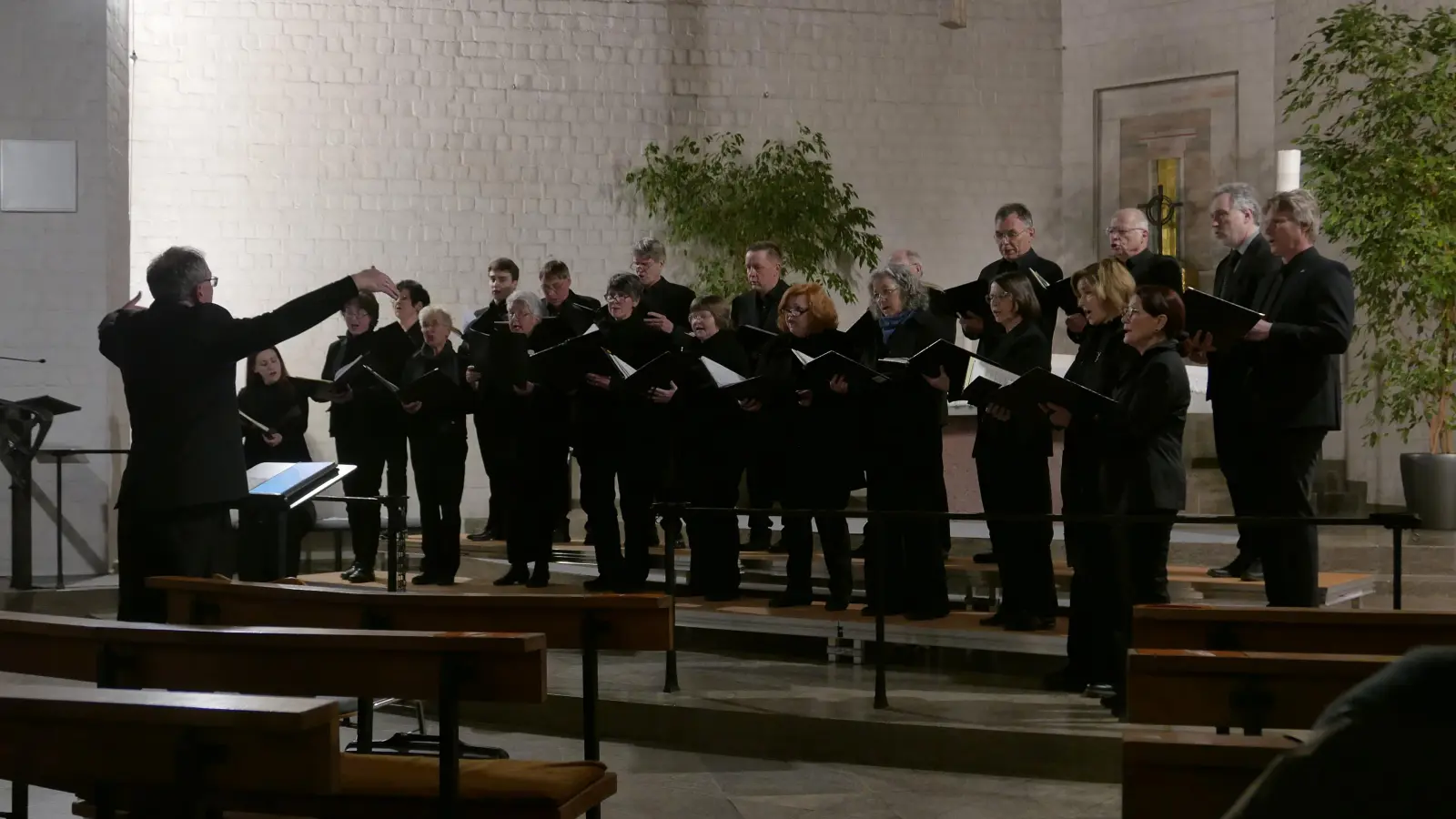 Der Kammerchor aus Feuchtwangen zeichnete sich durch hohe Textverständlichkeit aus. Die Sängerinnen und Sänger folgten präzise den Vorgaben ihres Dirigenten. (Foto: Roman Kocholl)