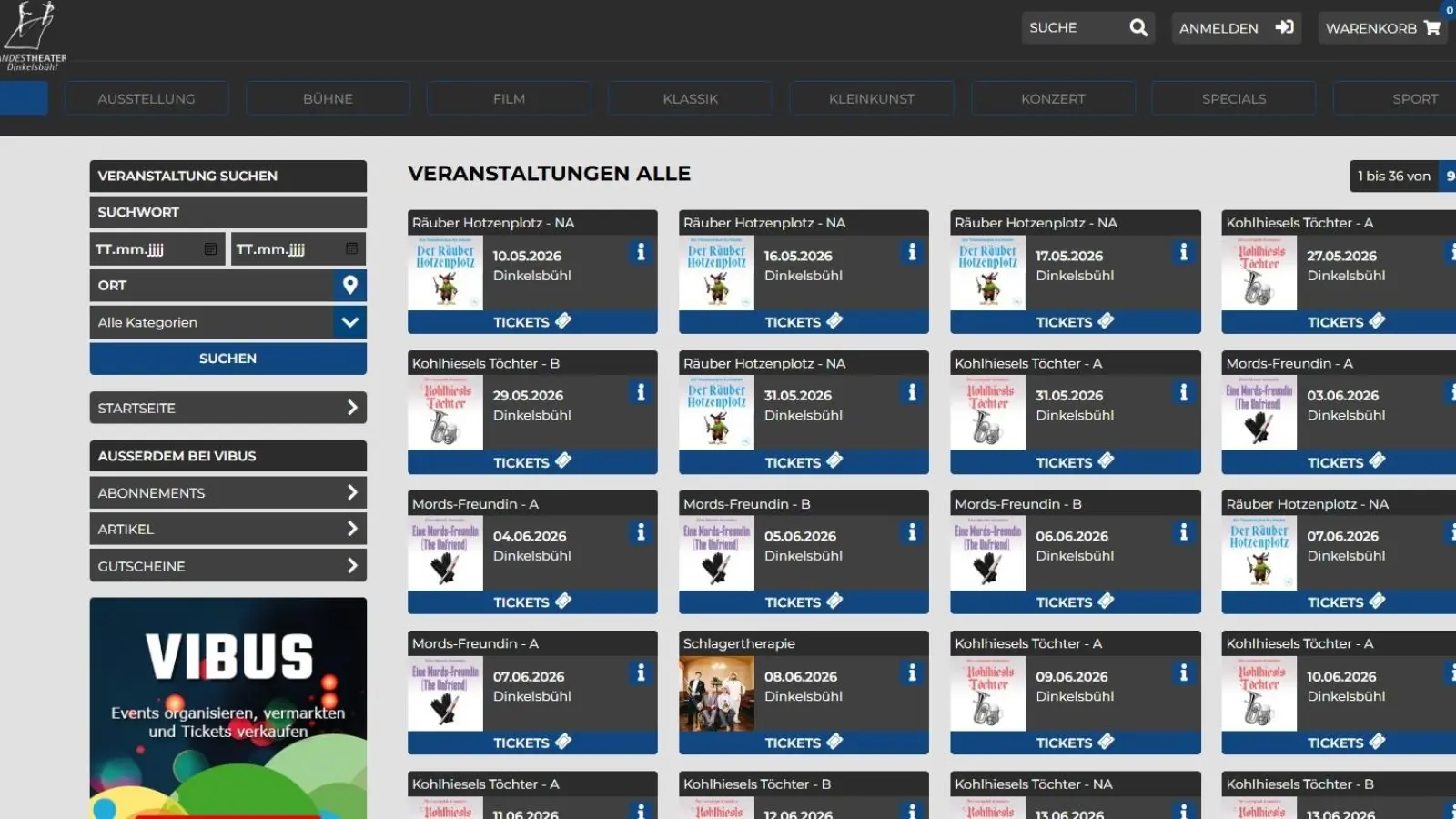 So sieht derzeit noch die Internetseite aus, auf der Karten für die Vorstellungen des Landestheaters Dinkelsbühl gebucht werden können. Ab Herbst gibt es einen neuen Anbieter. Auch das ist ein Grund, warum die Tickets teurer werden. (Screenshot: Martina Haas)