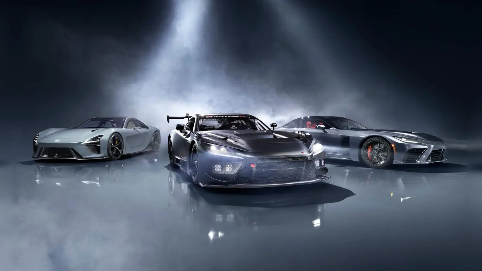 Toyota Gazoo Racing und Lexus haben gemeinsam drei neue Sportwagen für Straße und Rennstrecke enthüllt: Lexus LFA Concept(l-r), GR GT3 und GR GT. (Foto: Toyota/dpa-tmn)