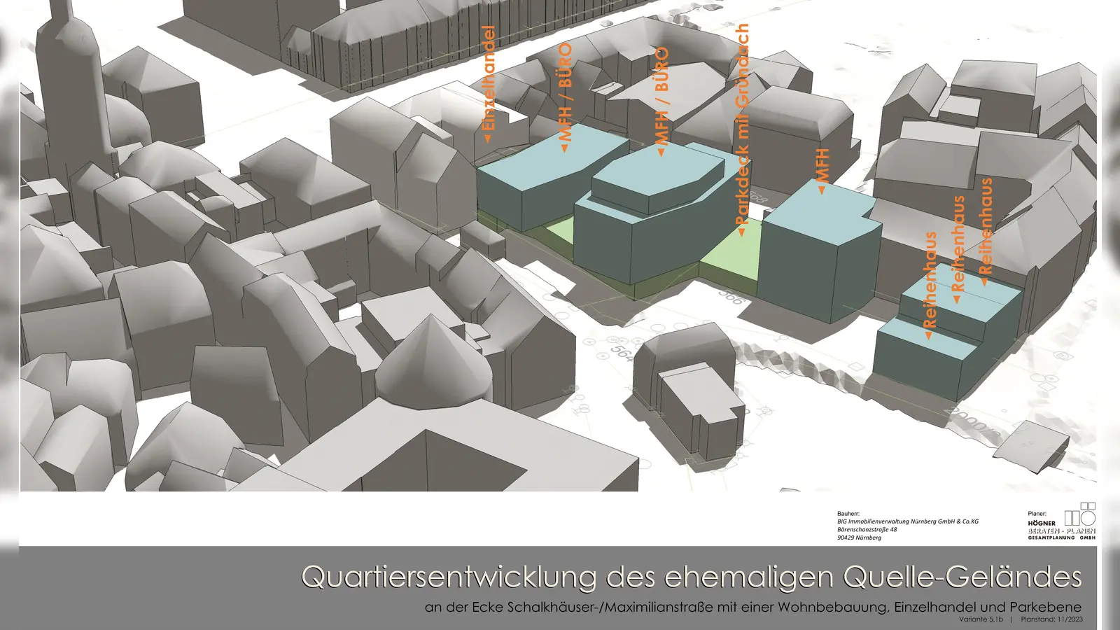 Ein Innenstadt-Quartier in unmittelbarer Nähe zum Herrieder Tor (links): Die Geschäftshäuser an der Ecke zur Maximilianstraße bleiben stehen, an die Stelle der Hallen und des alten Parkhauses treten vier moderne Wohn- und Bürohäuser. (Grafik: Firma Högner Beraten-Planen Gesamtplanung GmbH)