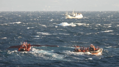 Suchmaßnahmen laufen in den Gewässern südlich der Ferieninsel Jeju, nachdem ein 29 Tonnen schweres Fischerboot gekentert ist. (Foto: -/Yonhap/dpa)