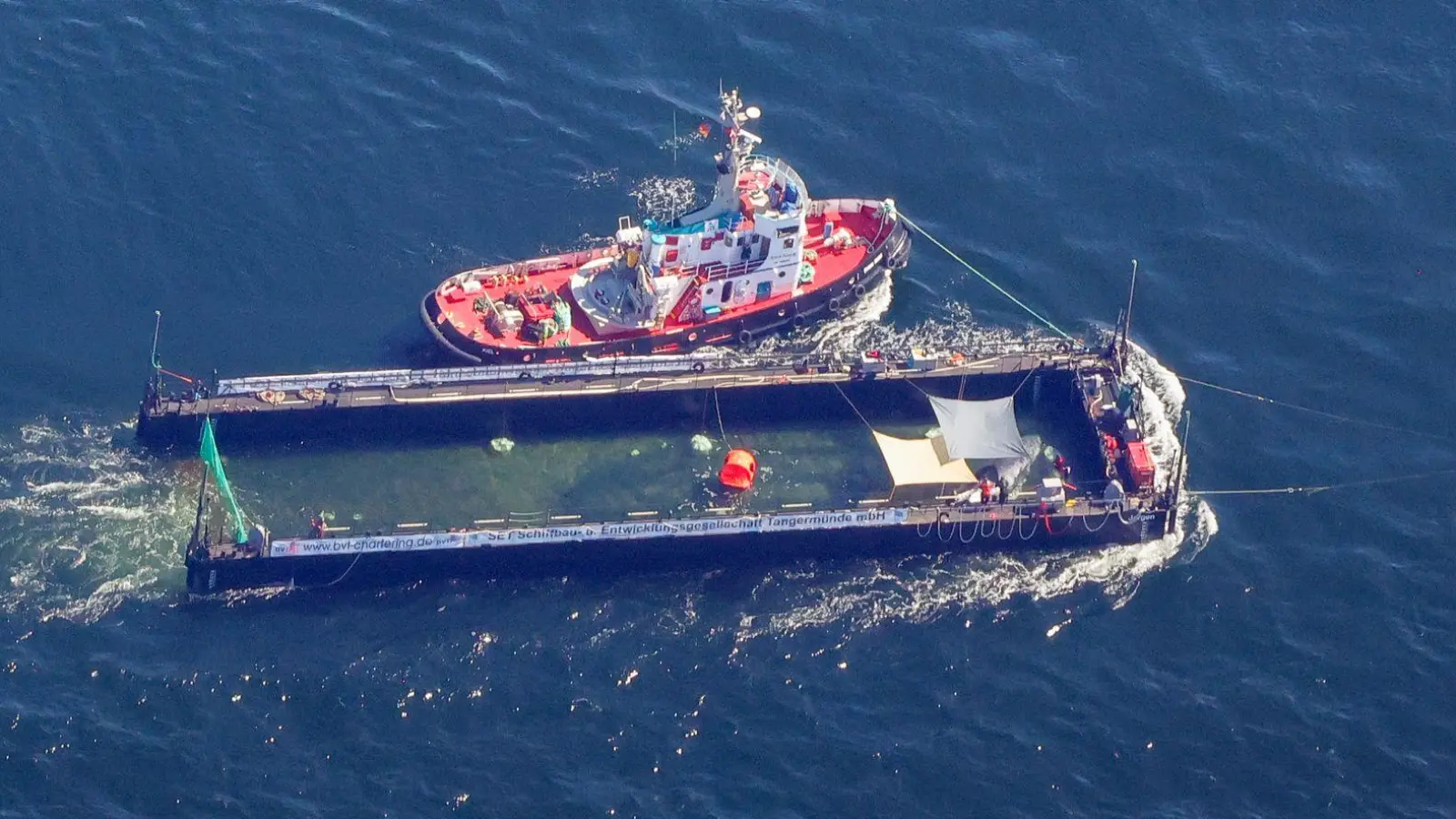 Der Buckelwal wurde in seiner Barge vom Schlepper Fortuna B entlang der dänischen Küste in Höhe unterhalb von Skagen, im sogenannten Skagerrak, durch die Ostsee gezogen. (Archivbild) (Foto: Christoph Reichwein/dpa)