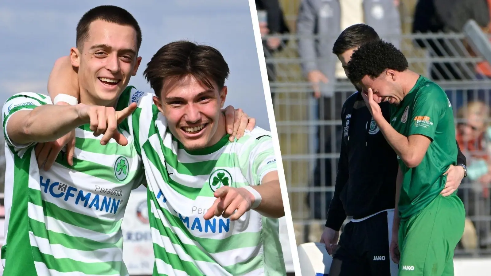 Freud und Leid in der Regionalliga: Der Neustädter Denis Pfaffenrot (links) jubelt mit Marin Hrgota im Fürther Trikot. Der Ansbacher Abdennour Rhani verletzte sich im Spiel gegen Würzburg schwer. (Foto: Wolfgang Zink, Martin Rügner)