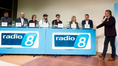 Stefan Bininda (AfD), Dr. Bastian Wojek (SPD), Maria Hetzel (ÖDP), Leon Bachmann (Linke), Marco Meier (Freie Wähler), Sophia Göppel-Kraft (Grüne) und Dr. Jürgen Ludwig (CSU) stellten sich den Fragen von Radio 8-Moderator Klaus Seeger.  (Foto: Evi Lemberger)