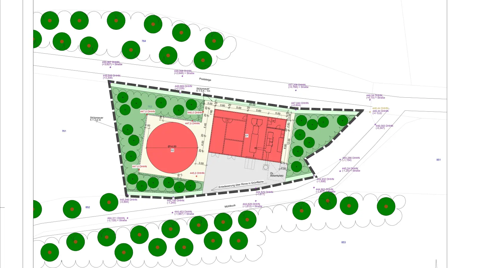 Nahe der Wochenendsiedlung Mühlbuck sollen laut dem aktuellen Planungsentwurf der Pufferspeicherturm (Kreis) und das Blockheizkraftwerk (Rechteck) entstehen.  (Foto: SPCTRM Engineering)