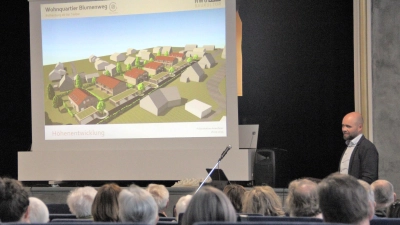 So sehen die aktuellen Pläne für das Wohnquartier auf dem ehemaligen Bochenek-Areal im alten Heckenacker aus. Investor Rafael Grups zeigte, was er vorhat. (Foto: Clarissa Kleinschrot)