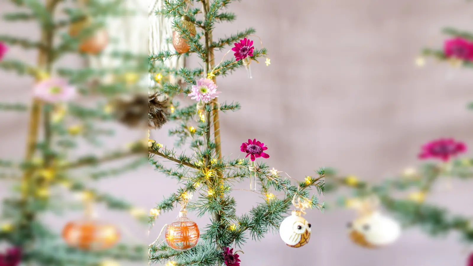 Wer es bunt am Baum mag, kann auch Chrysanthemen an die Zweige hängen. Dafür braucht man nur Bindfaden und Blumenröhrchen. (Foto: Styled by Sabine für JustChrys.com/dpa-tmn)