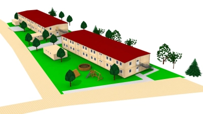 Beispielhaft für kommunale Eigeninitative zur Unterbringung von Flüchtlingen steht das Vorhaben in Dinkelsbühl, wo 100 Menschen in einem Gebäude in modularer Holzbauweise unterkommen sollen. (Grafik: JWS GmbH)