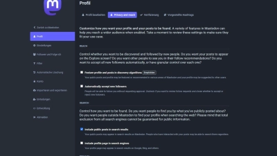Noch ist das neue Einstellungsmenü nicht ins Deutsche übersetzt worden. „Include public posts in search results“ ist aber der Ort fürs Häkchen, wenn man seine Inhalte für die Volltextsuche öffnen möchte. (Foto: mastodon.online/dpa-tmn)