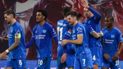 Leverkusens Spieler um Torschütze Patrik Schick (2.v.r., Bayer Leverkusen) jubeln nach dem Führungstreffer. (Foto: Jan Woitas/dpa)