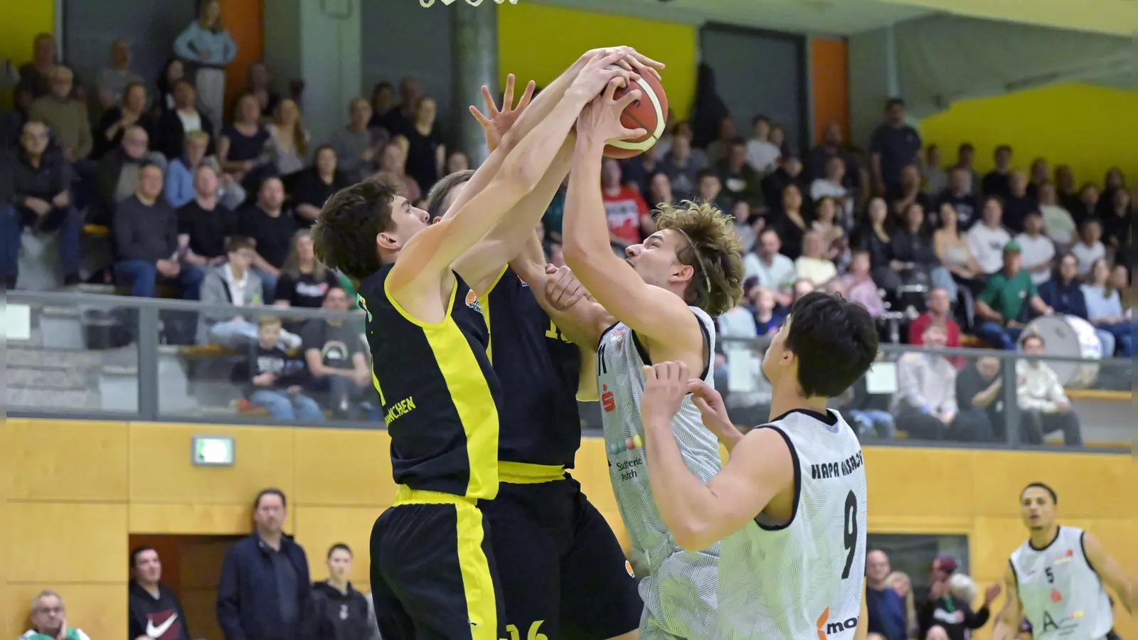 Wie im ersten Halbfinalspiel müssen sich die Ansbacher Raul Dumnici und Pablo Schmidt gegen die Münchner Moritz Bär und Mateo Jukic (von links) auch diesen Samstag in der Weinberghalle wieder auf einen harten Kampf einstellen. (Foto: Martin Rügner)