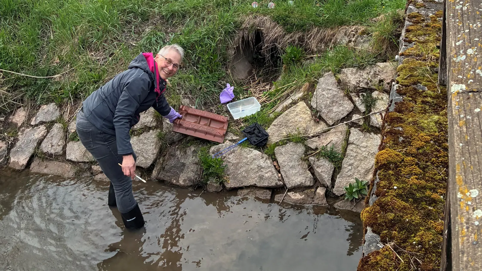 Dr. Ulrike Sandmeyer-Haus (links) führte unter anderem Elke Hilgert, Barbara Göbel, Thomas Büttner und Friedrich Kropf entlang der Haslach. Es gab neun verschiedene Stationen, wo Gewässergüte, Renaturierung und Hoch­wasserschutz, vermittelt wurde. (Foto: Armin Luther)