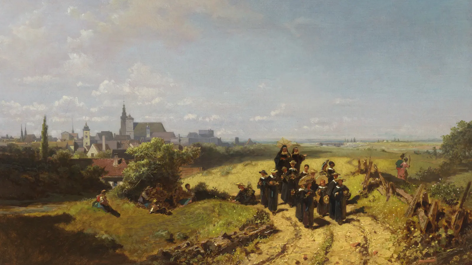 Dieses zwischen 1866 und 1870 entstandene Ölgemälde mit dem Titel „Institutsspaziergang“ von Carl Spitzweg war in einer Münchener Auktion heiß begehrt. Über das, was im Hintergrund zu sehen ist, gehen die Meinungen auseinander. (Foto: Ketterer Kunst GmbH und Co. KG)