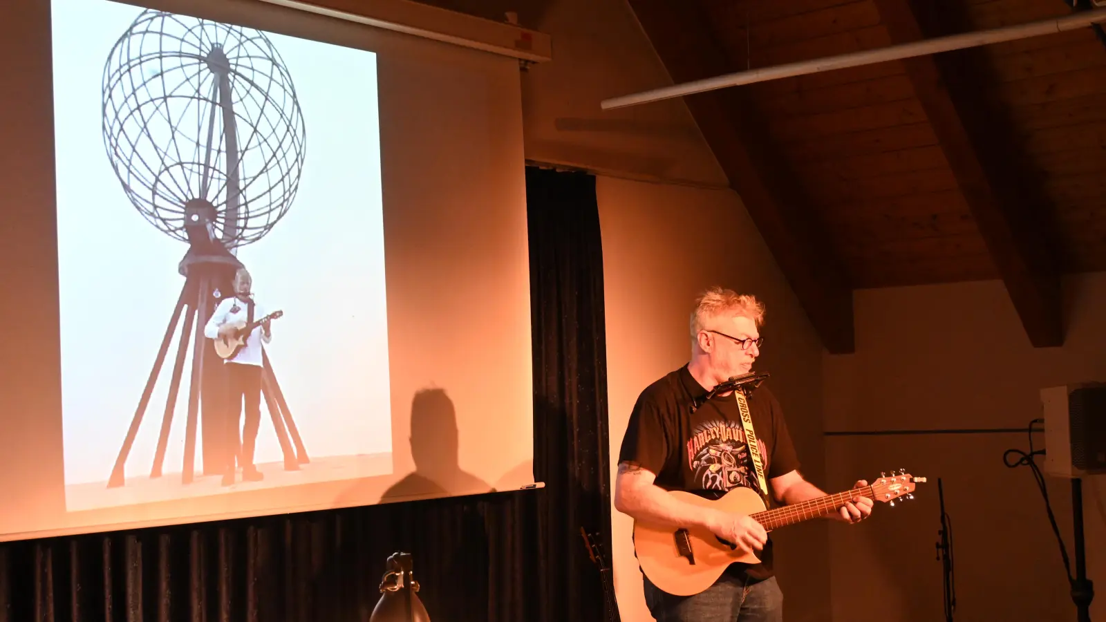 Nicht alle, die ihr Motorrad bis zum Nordkap gesteuert haben, packen die Gitarre aus, um unter dem Stahl-Globus, zu singen. Paddy Schmidt tat es. (Foto: Judith Marschall)