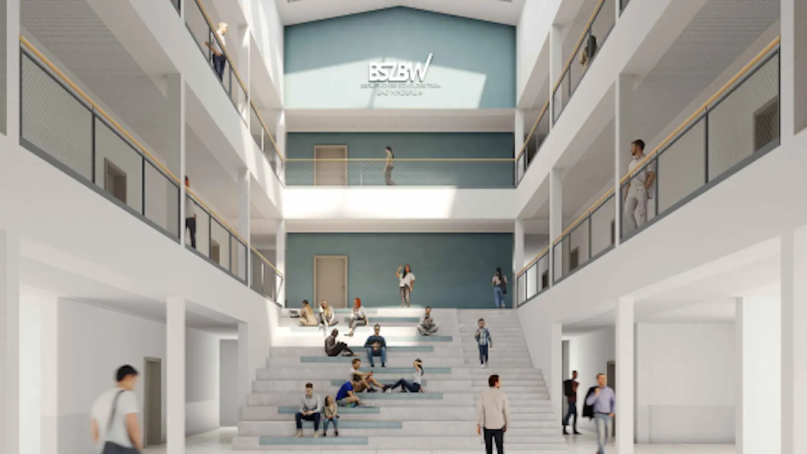 So soll – auch dank Licht von oben – künftig die Aula des BSZ-Neubaus in Bad Windsheim aussehen.  (Visualisierung: gkp Braunschmidt Kurz Architekten GmbH, Würzburg)