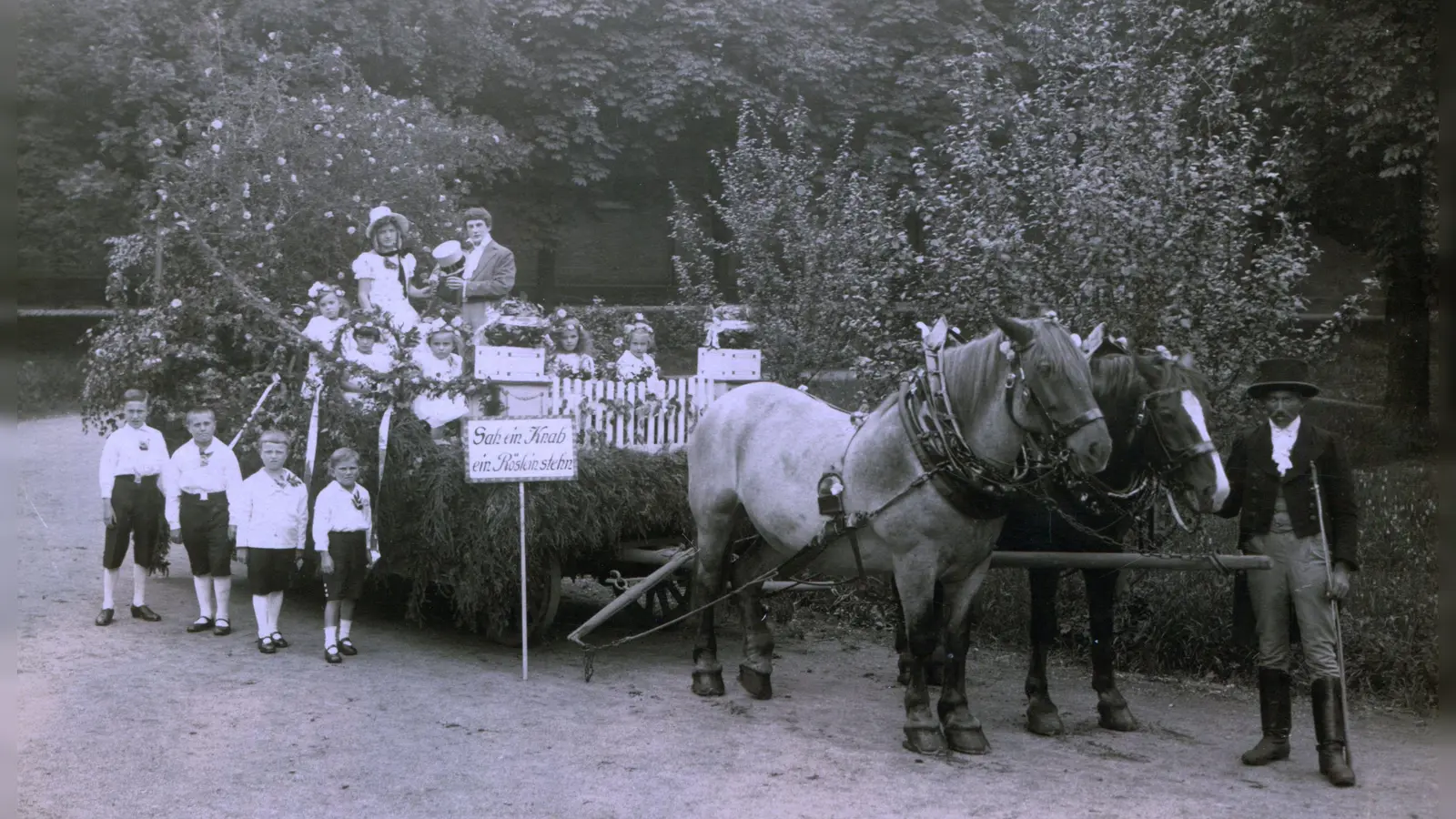 „Sah ein Knab ein Röslein stehn”: Dieser mit Rosen geschmückte Wagen fuhr beim großen Kinderfestzug im August 1926 durch Ansbachs Straßen und den Hofgarten. (Foto: Sammlung Martin Schuster)