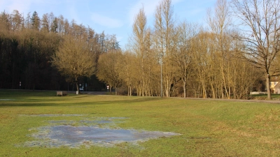 Größer wird die Eisfläche auf der Eiswiese diesen Winter wohl nicht mehr werden. Sie bleibt grün – und Schlittschuhlaufen ist nicht möglich. (Foto: Clarissa Kleinschrot)