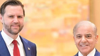 US-Vizepräsident JD Vance bei Vorgesprächen mit dem pakistanischen Premier, Shehbaz Sharif. (Foto: ---/Pressebüro Pakistanische Regierung/dpa)