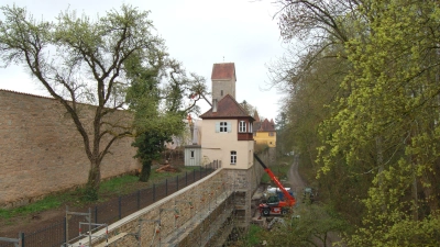Blick auf die Stadt- und Zwingermauer in Richtung Berlinsturm, dessen Spitze im Hintergrund zu sehen ist. Bis Ende des Jahres wird in diesem Bereich die historische Wehranlage instandgesetzt.  (Foto: Markus Weinzierl)