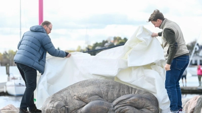 Die Skulptur der Künstlerin Tonoian zum Gedenken an das Walross Freya wird von Walross-Experte Rune Aae (l) und Initiator Erik Holm in der Kongen Marina enthüllt. (Foto: Annika Byrde/NTB/dpa)