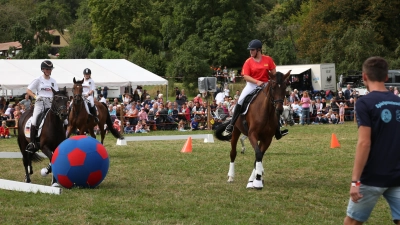 Ein Spaß für die Pferde und ihre Reiterinnen: Zum ersten Mal wurde beim Charhoffest in diesem Jahr Pferdefußball gespielt. (Foto: Martina Kramer)