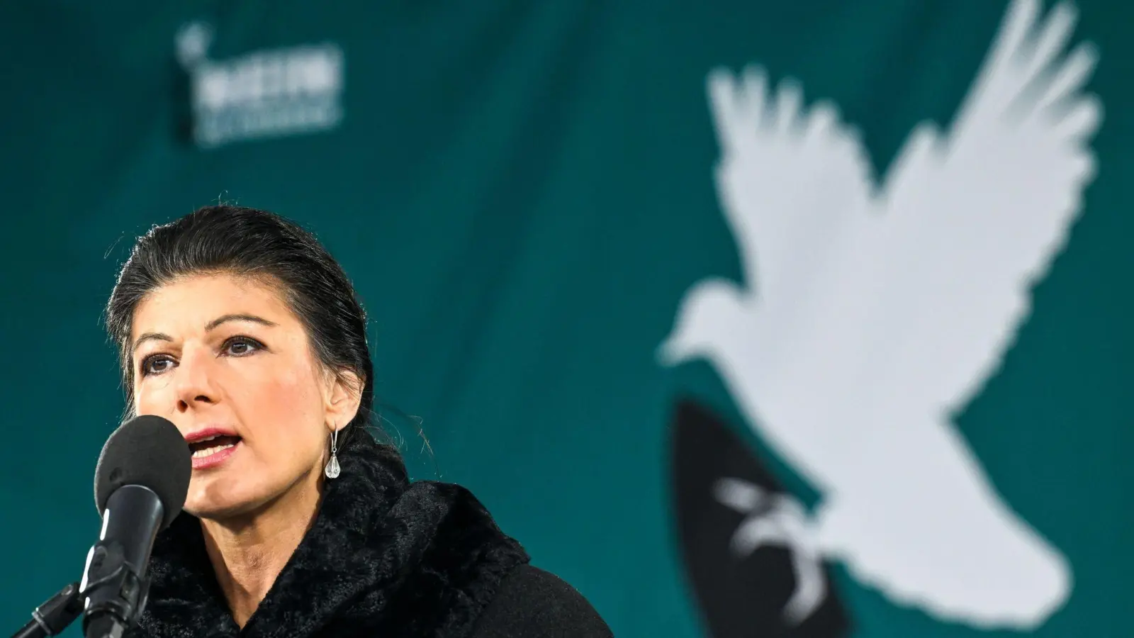 Die Politikerin Sahra Wagenknecht während ihrer Rede bei der Friedensdemonstration. (Foto: Soeren Stache/dpa)