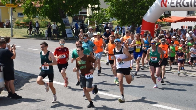 Der Start zum 17. Wettringer Brunnenlauf: Fünf-Kilometer-Sieger Moritz Meyer (links) an der Spitze, etwas dahinter Zehn-Kilometer-Sieger Marco Neumann (mit der Nummer 158). (Foto: Sonja Dänzer)