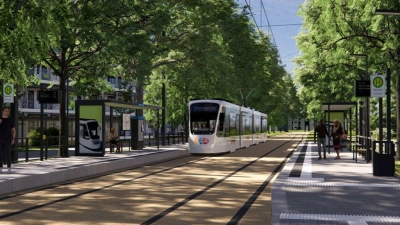 Die Visualisierung des Zweckverbands Stadt-Umland-Bahn (StUB) zeigt die Haltestelle Gebbertstraße in Richtung der Erlanger Innenstadt, wie sie nach Umsetzung der Pläne für die Tram durch die Städte Nürnberg, Erlangen und Herzogenaurach einmal aussehen könnte. (Foto: Claus Hirche/ZV StUB/dpa/Archivbild)