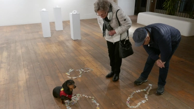 Zunächst setzte sich Dackeldame Pepper neben einer Besucherin und einem Besucher in der Kunsthalle Hilsbach zielsicher in Szene, um dann ein wenig herablassend über die fixierten Briefmarken – eine Arbeit von Gabi Schaffner – zu tapern. Eigentlich ist das Tier nicht Teil des Kunstwerks. (Foto: Roman Kocholl)