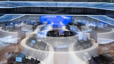 Börsensaal in Frankfurt: Weltweit geraten die Aktienmärkte unter Druck wegen des Iran-Kriegs (Foto: Boris Roessler/dpa)