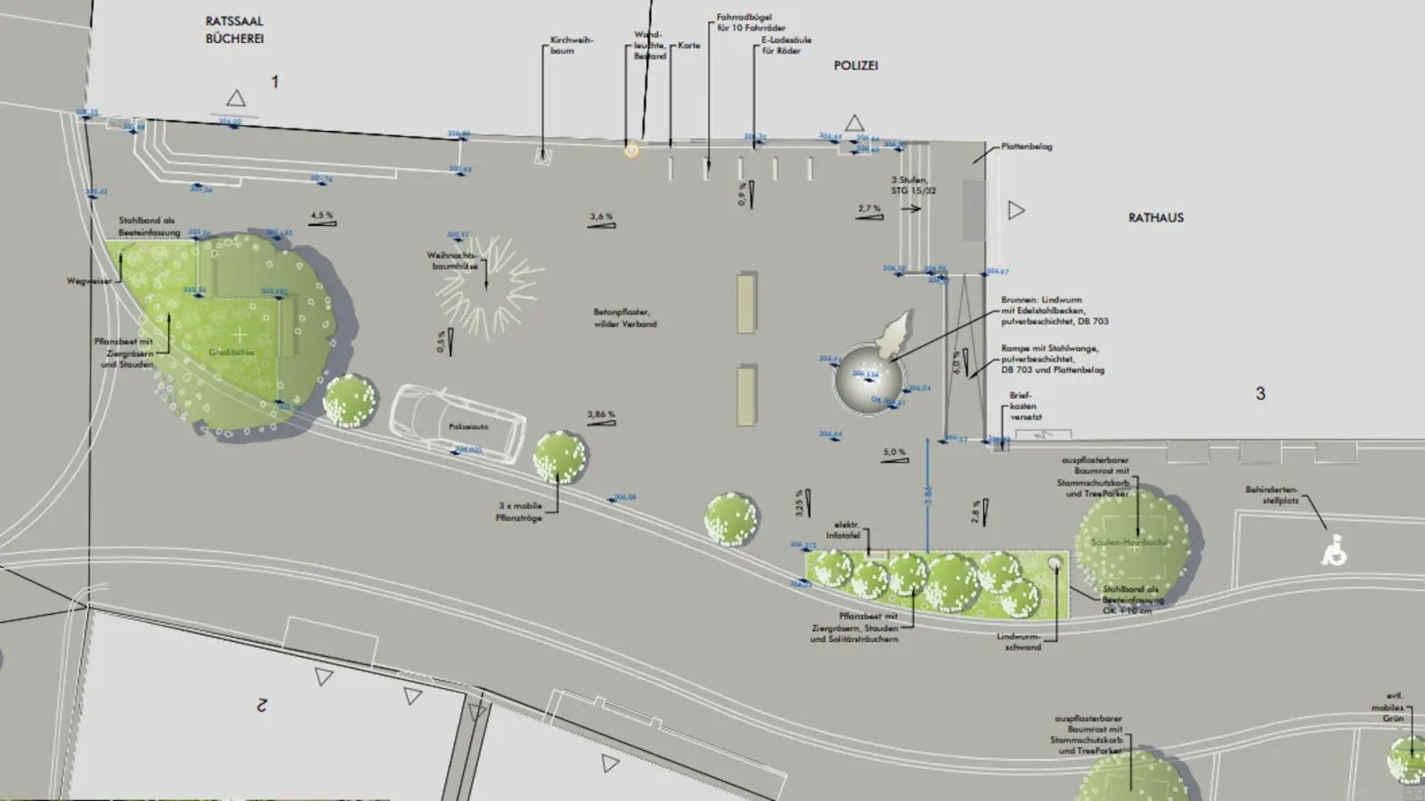 Der Scheinfelder Marktplatz soll ein bisschen, aber nicht allzu viel Grün bekommen. Nach den aktualisierten Planungen wird er auch zum Standort für die Lindwurmskulptur. (Skizze: Stadt Scheinfeld)