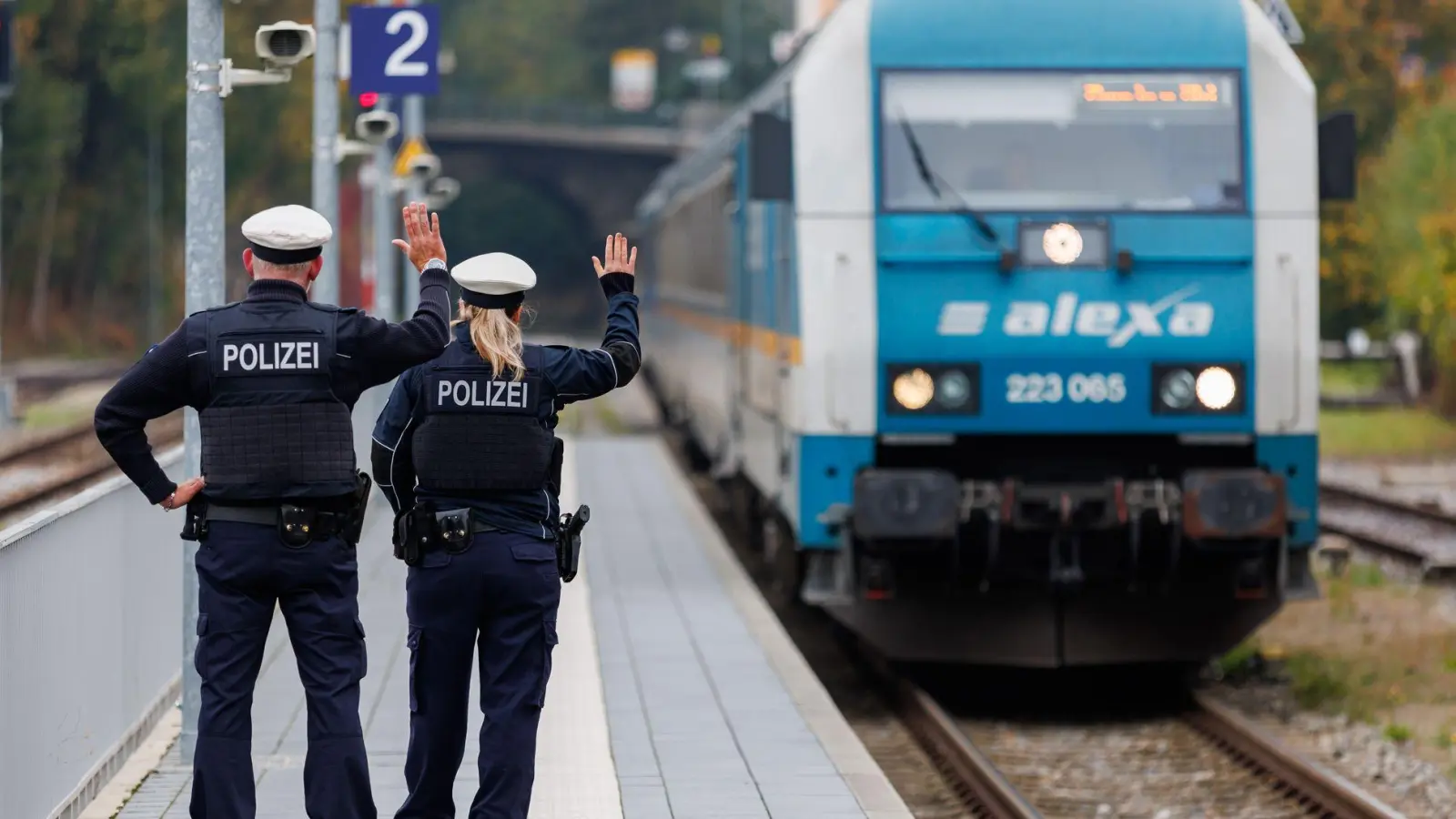 Bundespolizisten weisen per Handzeichen den Lokführer eines Zuges aus Prag in Richtung München darauf hin, dass sie zur Kontrolle des Einreiseverkehrs zusteigen werden. (Archivbild) (Foto: Daniel Karmann/dpa)