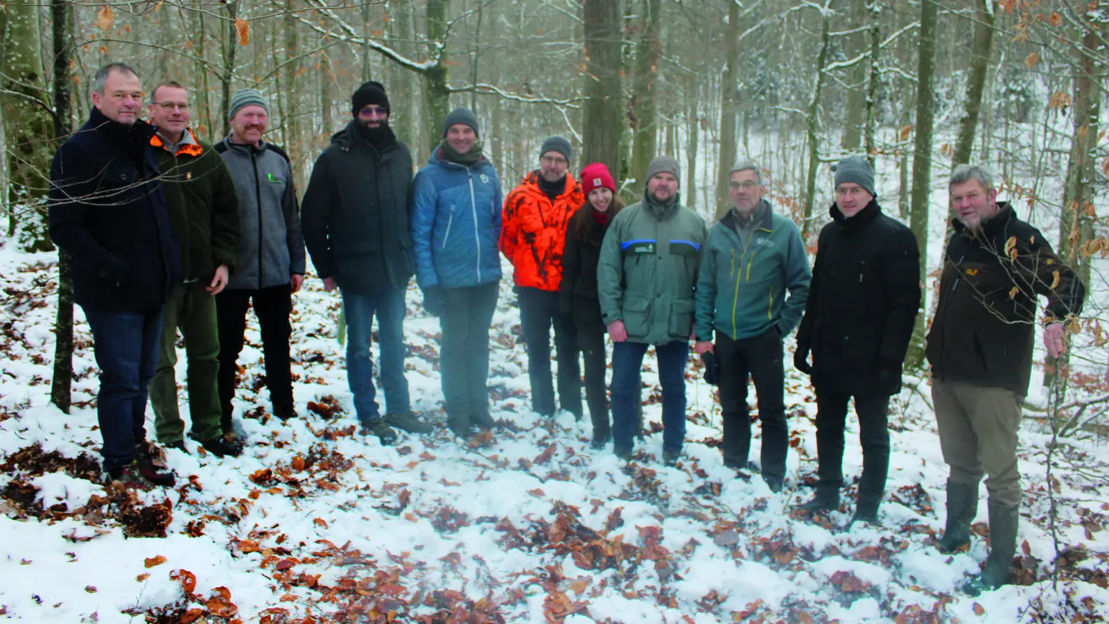 Markus Bachmann (Ansbacher Kreisgruppe im Landesbund für Vogelschutz), Martin Brunner und Werner Hager (beide Forstbetriebsgemeinschaft Westmittelfranken), Stefan Klinger (TreePlantingProjects), Martin Stümpfig (Grünen-Landtagsabgeordneter), Matthias Kohlberger und Tamara Köngeter (beide Forstrevier Nordenberg der Bayerischen Staatsforsten), Andreas Egl (Amt für Ernährung, Landwirtschaft und Forsten Ansbach), Norbert Flierl (Forstbetrieb Rothenburg der Bayerischen Staatsforsten), Dr. Jürgen Ludwig (Ansbacher Landrat) und Helmut Altreuther (Ansbacher Kreisgruppe im Bund Naturschutz) stapften bei einer Begutachtung des Naturwalds Wildenschlag warm eingepackt durch den Schnee.  (Foto: Kristina Schmidl)