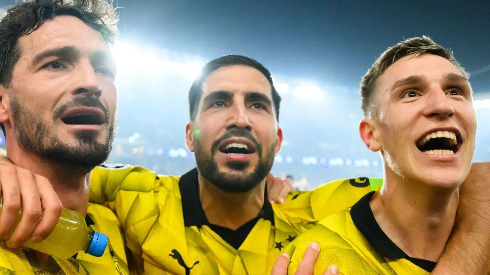 Treffen im Champions-League-Finale nun auf Real Madrid: Dortmunds Mats Hummels (l-r), Emre Can und Nico Schlotterbeck. (Foto: Robert Michael/dpa)