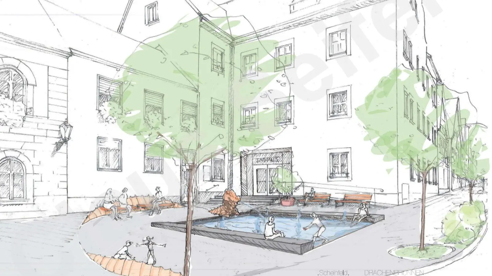 Einen Eindruck vom künftigen Scheinfelder Marktplatz gibt diese Skizze, die die Stadtverwaltung in der Februar-Bauausschusssitzung vorstellte. (Quelle/Skizze: Stadt Scheinfeld)