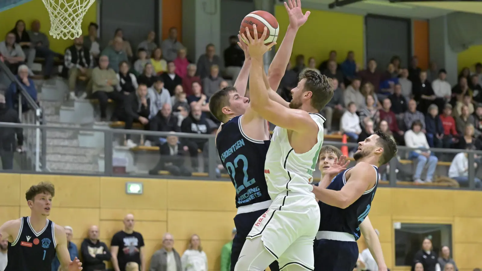 Hat keine Angst vor Center-Hünen: Der famos aufspielende Ansbacher Sebastian Schröder (am Ball) behauptet sich gegen den Hachinger Gaetan Schoentgen. (Foto: Martin Rügner)