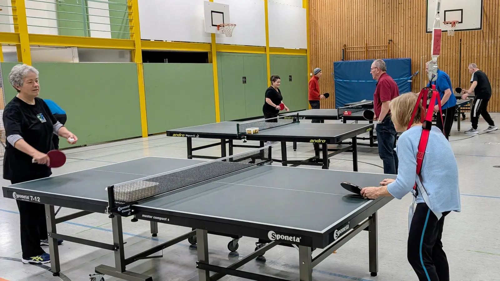 Trainiert wird immer montags in der Sporthalle. Sogar Spezial-Equipment ist bei Bedarf vorhanden. Vorne rechts steht eine sturzgefährdete Teilnehmerin mit Sicherungsgurt am Tisch. (Foto: Roland Vogt)