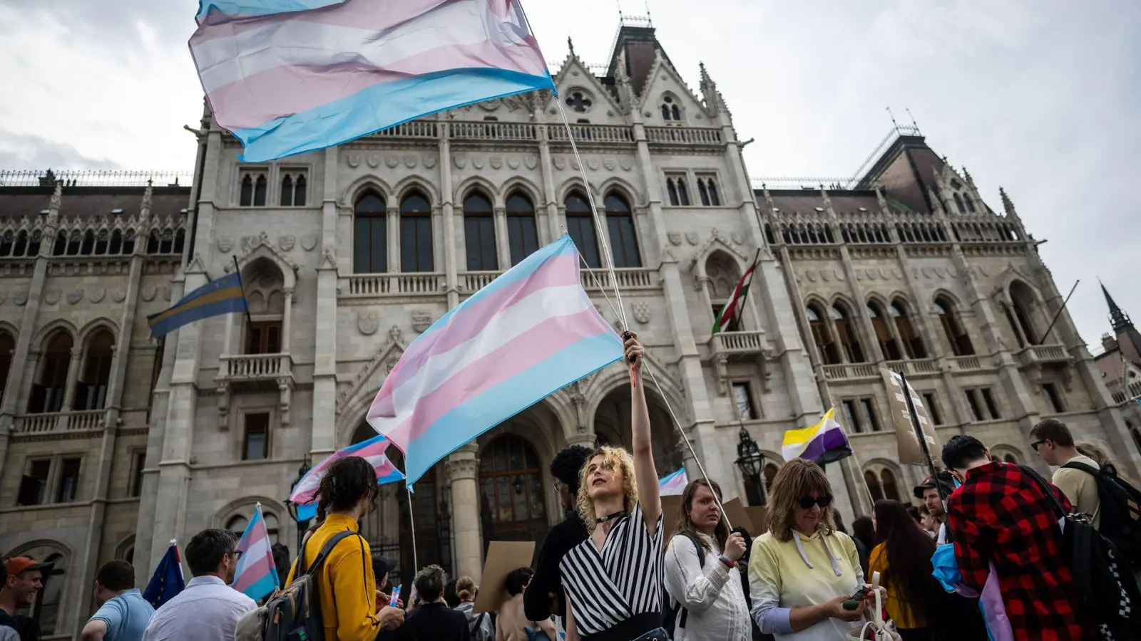 Fünf waagrecht verlaufende Streifen in den Farben Blau, Rosa und Weiß: Menschen schwenken bei einer Trans Pride Parade Transgender-Fahnen. (Foto: Marton Monus/dpa)