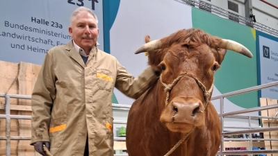 Hermine, Star der Grünen Woche in Berlin, mit ihrem stolzen Besitzer Hans-Jürgen Regus.  (Foto: Doris Schacher)