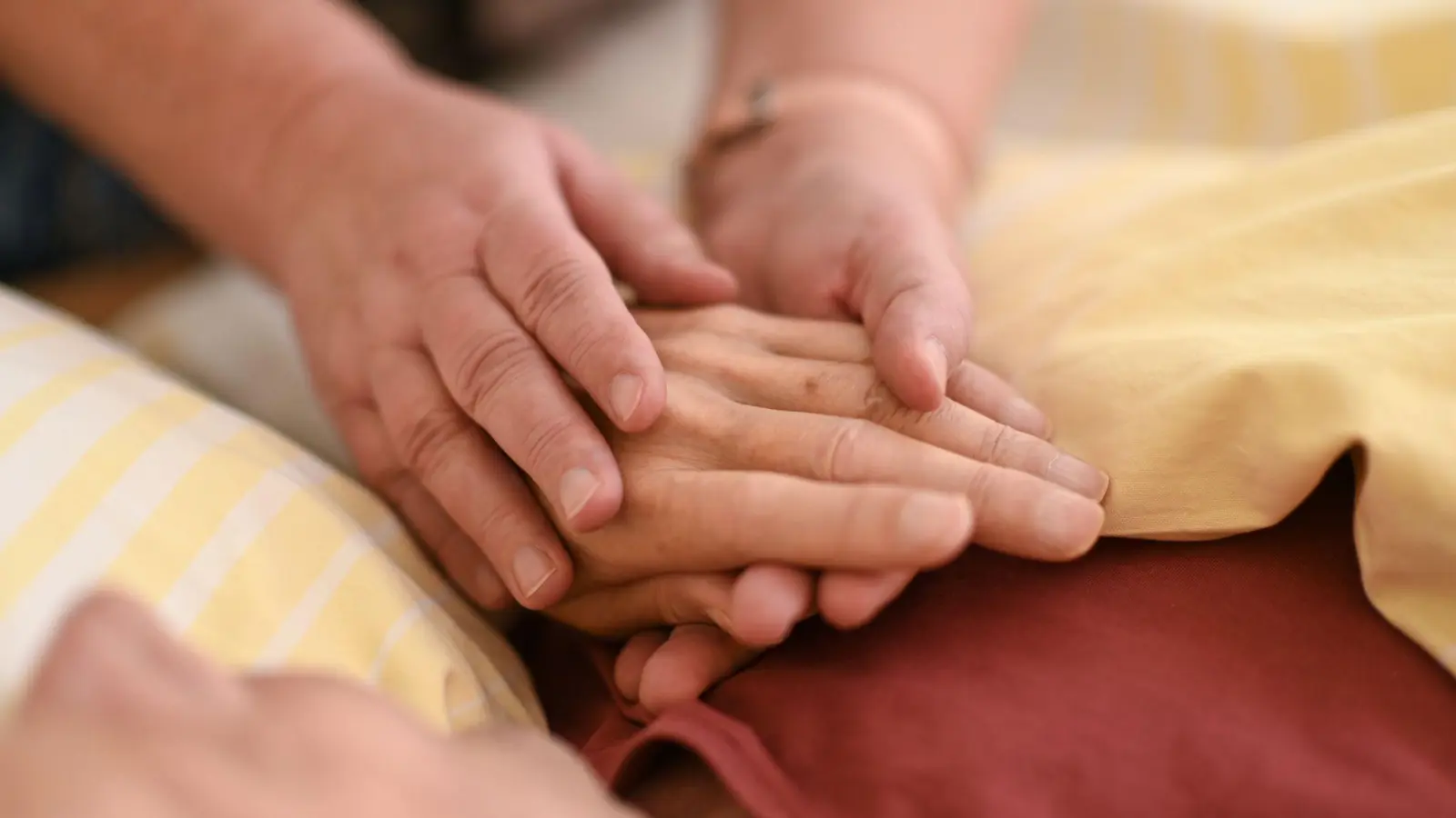 Eine Hospizmitarbeiterin hält die Hand eines todkranken Menschen, der in einem Hospiz im Bett liegt. (Foto: Felix Kästle/dpa)