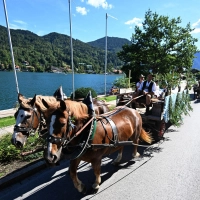 Der Festzug führte direkt am Tegernsee vorbei. (Foto: Felix Hörhager/dpa)