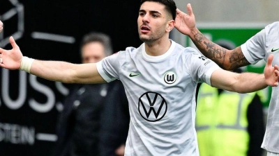 Konstantinos Koulierakis (M) freut sich über die Wolfsburger Führung. (Foto: Uwe Anspach/dpa)