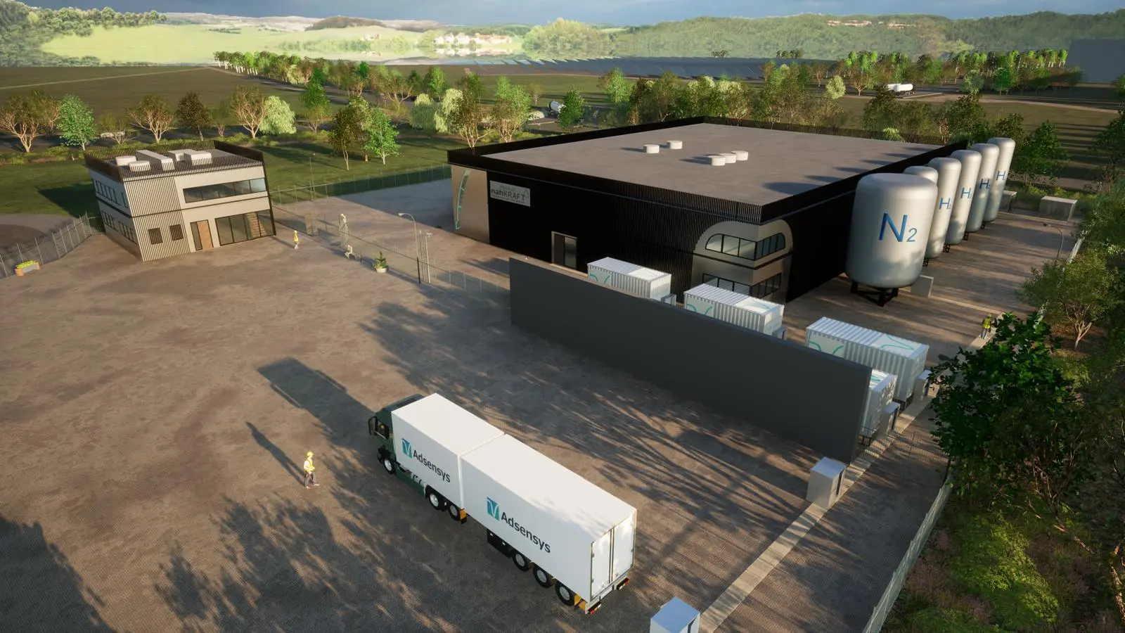 Diese Visualisierung zeigt beispielhaft, wie die Anlage zur Wasserstoff-Produktion in Feuchtwangen später einmal aussehen könnte. (Grafik: IFSEC Gruppe)