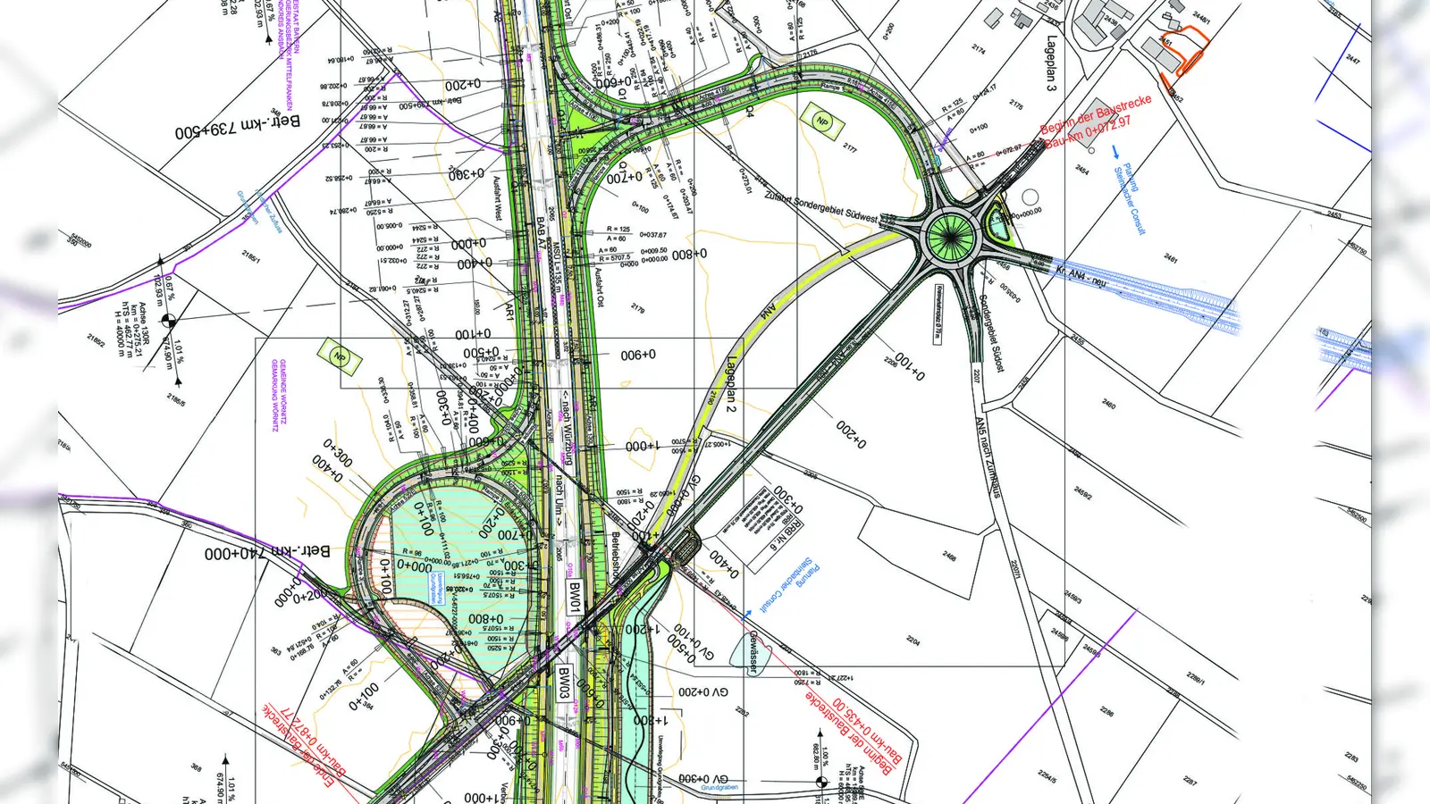 Direkt nördlich des Autobahnkreuzes (unten im Bild) soll der Industriepark an die Autobahn angebunden werden. Die Planungen kommen gut voran. (Planskizze: Zweckverband Industrie-/Gewerbepark Interfranken)