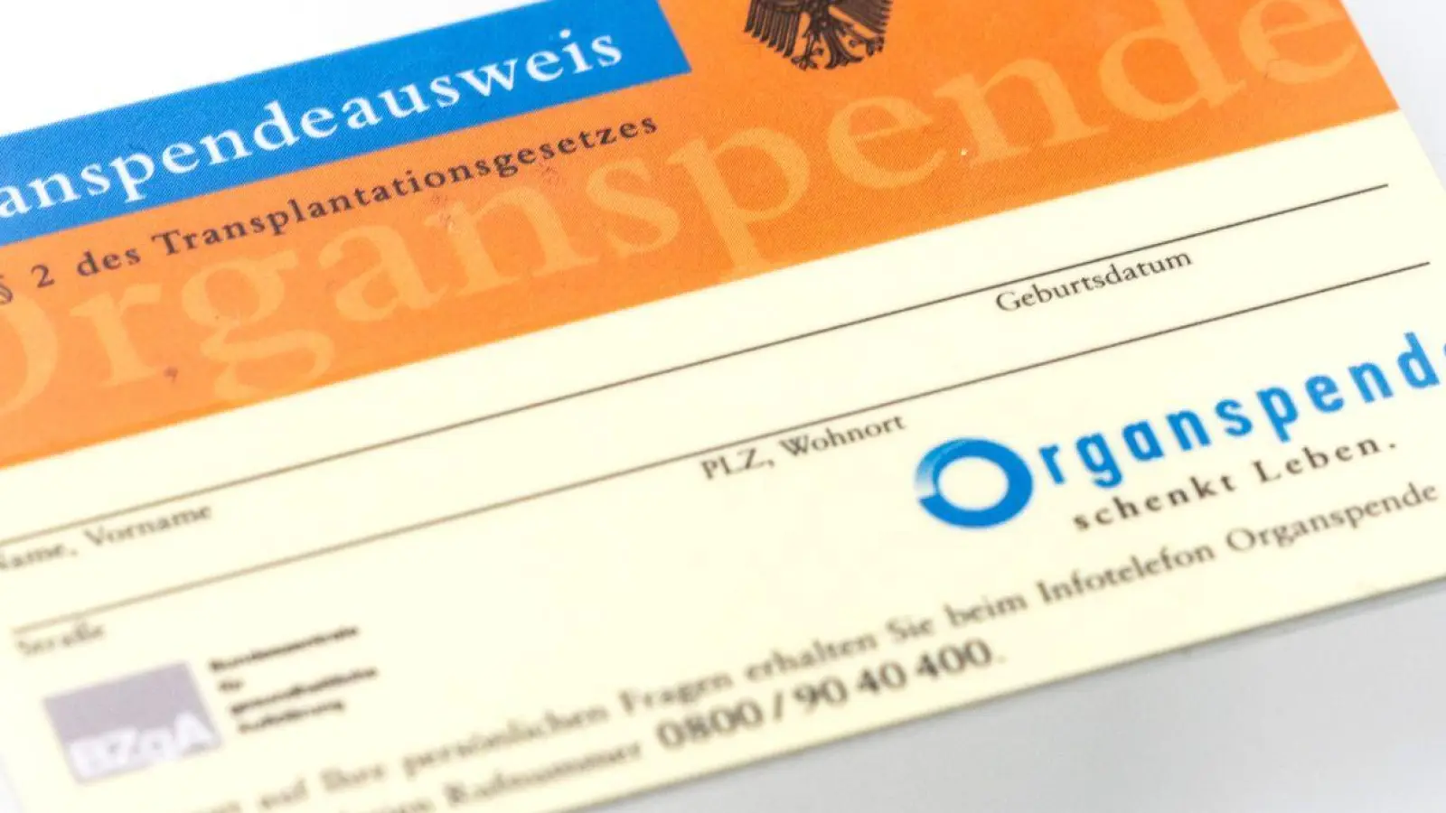 Ein Organspendeausweis. Im Laufe des Jahres soll ein Organspende-Register online gehen, in dem man seine Entscheidung hinterlegen kann. (Foto: Hannes P. Albert/dpa)